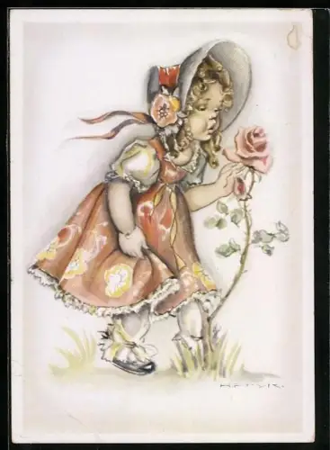 Künstler-AK Hilla Peyk: Fräulein im Kleid mit einer Rose