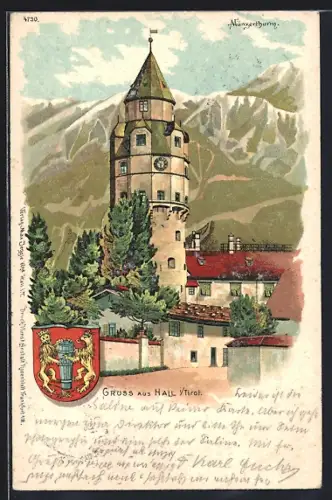 AK Hall in Tirol, Blick auf den Münzerturm mir Alpenpanorama