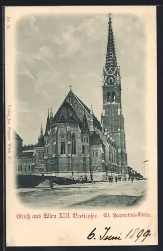 AK Wien-Breitensee, St. Laurentiuskirche mit Strasse