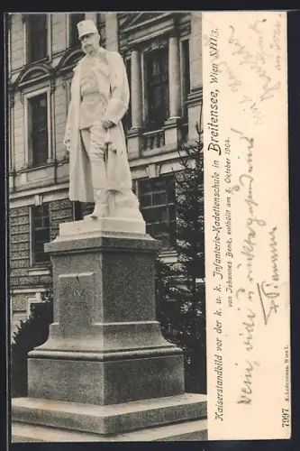 AK Wien-Breitensee, Kaiserstandbild vor der k. u. k. Kadettenschule