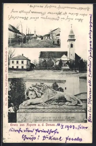 AK Aspern a. d. Donau, Platz mit Kirche, Kirche mit Nachbargebäude, Löwenskulptur / Kriegerdenkmal