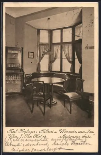 AK Wien, Gasthaus Karl Kipfingers Kellerei u. Weinstube, vorm. Zett, Am Hof 12, Innenansicht