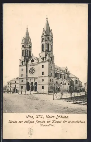 AK Wien, Unter-Döbling, Kirche zur heiligen Familie am Kloster der unbeschuhten Karmeliten, mit Strasse