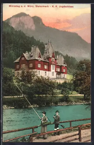AK Mürzsteg a. a. Mürz, Angler vor dem Jagdschloss