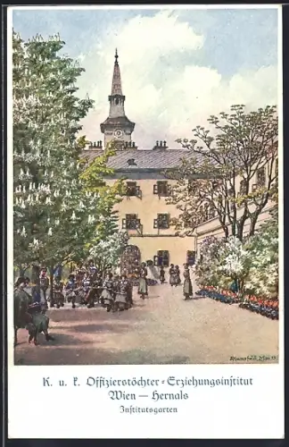 Künstler-AK Wien-Hernals, K. und k. Offizierstöchter-Erziehungsinstitut, Institutsgarten, Kalvariengasse 28