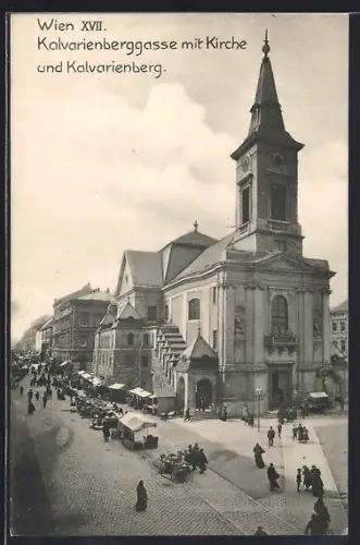 AK Wien XVII, Kalvarienberggasse mit Kirche und Kalvarienberg
