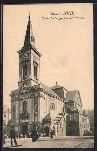 AK Wien, Calvarienberggasse mit Kirche