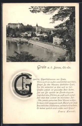 AK Grein, Blick übers Wasser zum Ort, Gedicht