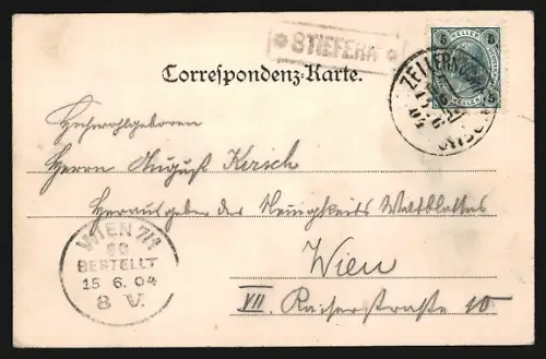 AK Stiefern im Kampthale, Ortsansicht mit Kirche vom Fluss aus, Kahn