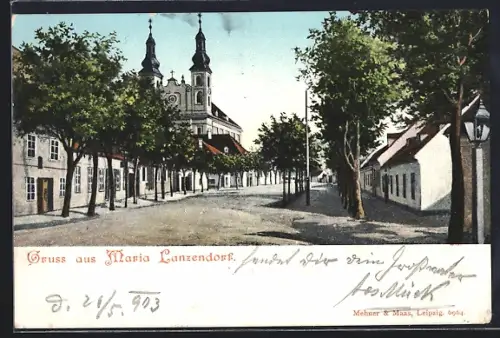AK Maria Lanzendorf, Ortspartie mit Kirche