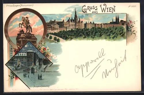 Lithographie Wien I, Prinz Eugen-Monument, Aspernbrücke, Panorama