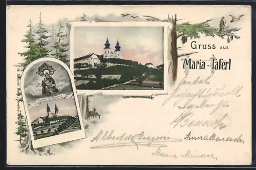 AK Maria-Taferl, Wallfahrtskirche mit Umgebung, Gnadenbild, Rahmen, Tannen, Vögel
