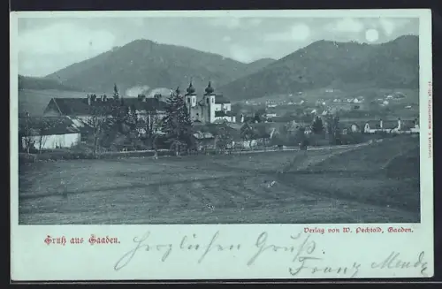 Mondschein-AK Gaaden, Ortspanorama mit Kirche aus der Vogelschau