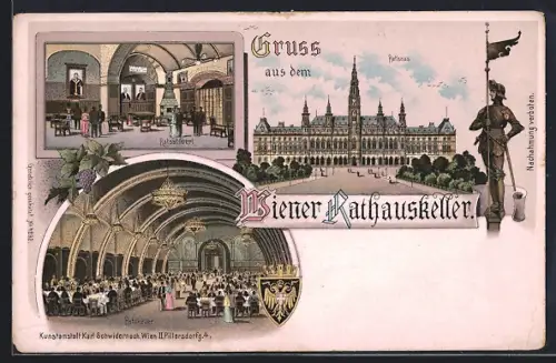 Lithographie Wien, Restaurant Rathauskeller beim Rathaus, Innenansicht vom Ratskeller