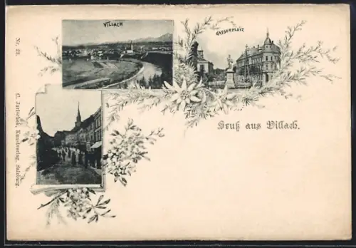 AK Villach, Gasserplatz, Strassenpartie, Ortsansicht, Blumen