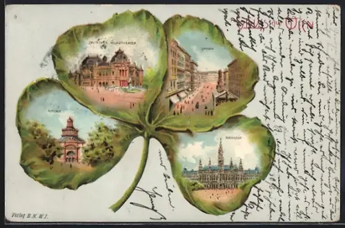 Passepartout-Lithographie Wien, Reichsrathsgebäude, Strasse am Graben, Sicht durch ein Kleeblatt