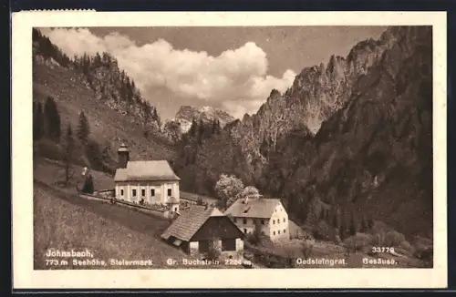 AK Johnsbach, Ortsansicht m. Gr. Buchstein, Oedsteingrat, Gesäuse