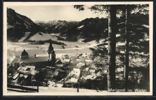 AK Mariazell, Teilansicht mit Kirche im Winter