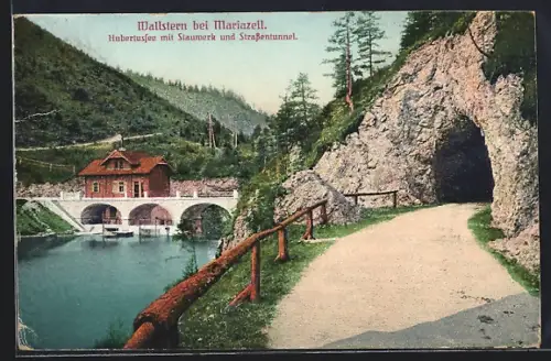 AK Mariazell, Wallstern, Hubertussee mit Stauwerk und Strassentunnel