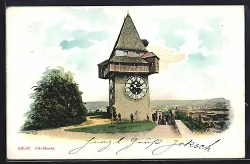 AK Graz, Uhrturm mit Besuchern