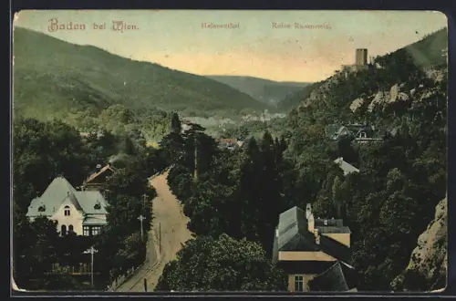 AK Baden bei Wien, Strassenpartie mit Ruine Rauenstein und Helenenthal