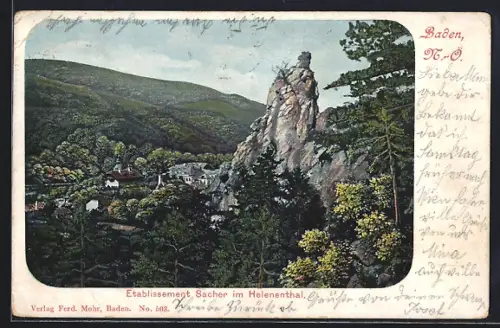 AK Baden /N.-Ö., Gasthaus Sacher im Helenenthal