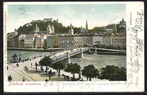 AK Salzburg, Uferpartie mit Staatsbrücke