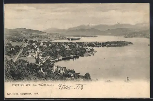 AK Pörtschach am Wörthersee, Teilansicht mit Bergen