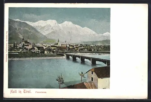 AK Hall in Tirol, Panorama mit Brücke