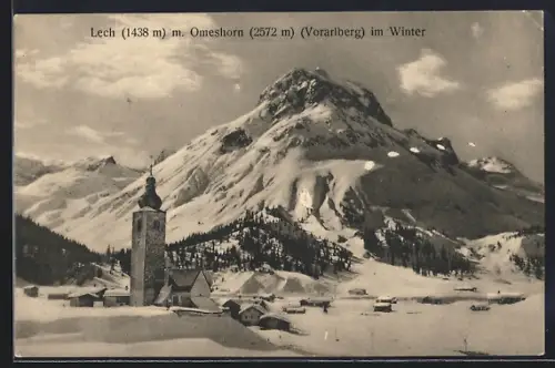 AK Lech /Vorarlberg, Die Kirche mit dem Omeshorn im Winter