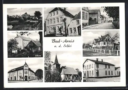 AK Bad-Arnis a. d. Schlei, Gasthof Angler-Hof, Kaufhaus, Rathaus, Parkstrasse