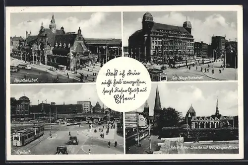 AK Essen, Hauptbahnhof mit Strassenbahnen, Strasse