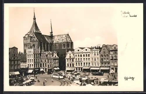 AK Rostock, Neuer Markt mit Strassenbahn