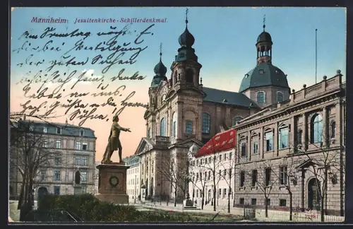 AK Mannheim, Jesuitenkirche, Schillerdenkmal