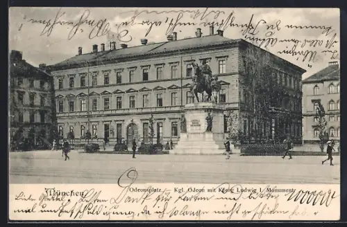 AK München, Odeonsplatz, Kgl. Odeon mit König Ludwig I.-Monument