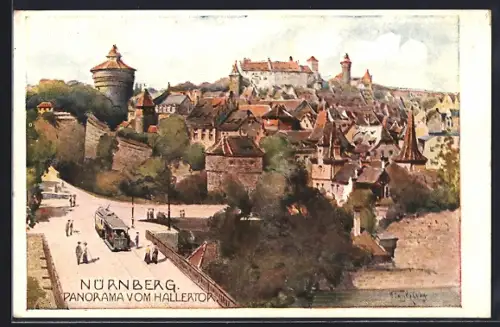 Künstler-AK Nürnberg, Panorama vom Hallertor mit Strassenbahn