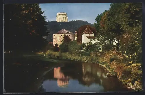 AK Kelheim, Blick von der kleinen Donaubrücke zur Befreiungshalle