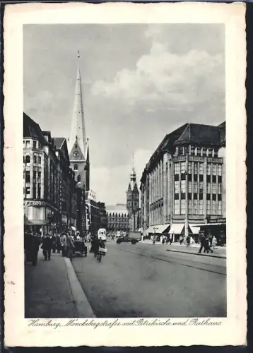 AK Hamburg, Mönckebergstrasse mit Petrikirche und Rathaus