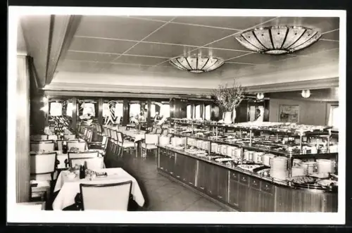 AK Fährschiff Deutschland, Speisesaal mit kaltem Buffet