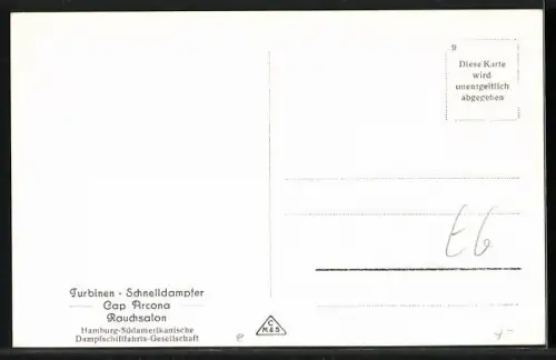 AK Turbinen-Schnelldampfer Cap Arcona, Rauchsalon, Passagierschiff
