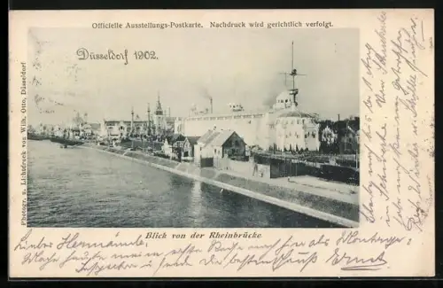 AK Düsseldorf, Ausstellung 1902, Blick von der Rheinbrücke auf`s Gelände