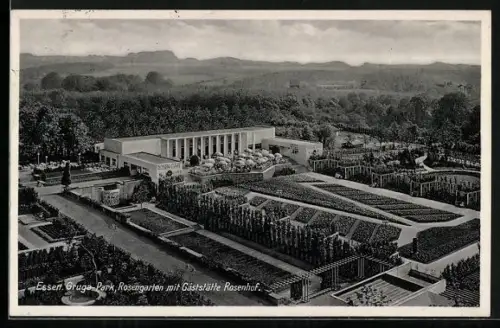 AK Essen, Gruga, Rosengarten mit Rosencafé aus der Vogelschau