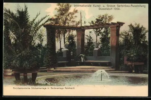 AK Düsseldorf, Internationale Kunst- u. Grosse Gartenbau-Ausstellung 1904, Sitzbankanlage in Gartenanlage Reinhardt