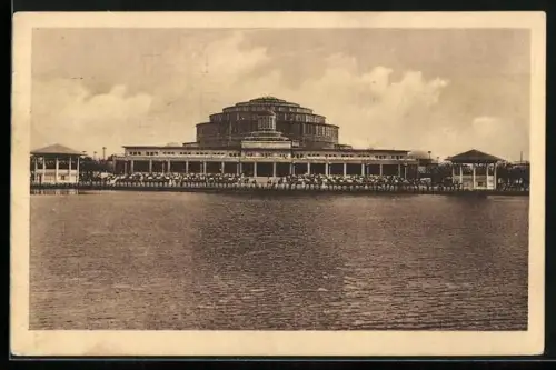 AK Breslau, Ausstellung der Jahrhundertfeier der Freiheitskriege 1913, Blick auf Jahrhunderthalleund Restaurant am See