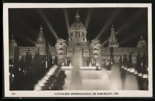 AK Barcelona, Exposicion Internacional 1929, Palacie Nacional, nocturna