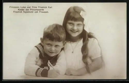 AK Kinder des Prinzen Friedrich Sigismund von Preussen, Prinzessin Luise und Prinz Friedrich Karl beim Schreiben