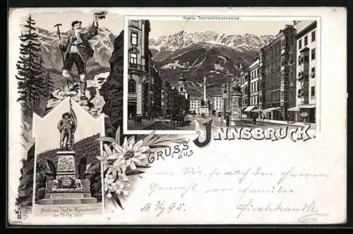 Vorläufer-Lithographie Innsbruck, 1895, Maria Theresienstrasse mit Litfasssäule, Andreas Hofer-Monument
