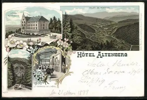 Lithographie Munster-Altenberg, Ortsansicht, Hotel Altenberg, La Terrasse de l`Hotel