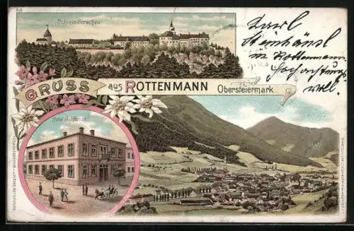 Lithographie Rottenmann /Obersteiermark, Hotel Goldbrich, Schloss Strechau, Teilansicht