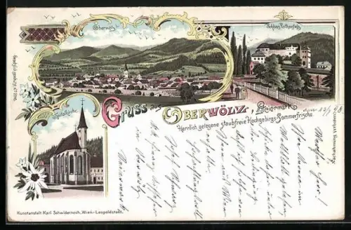 Lithographie Oberwölz /Steiermark, Spitalkirche, Schloss Rothenfels, Ortsansicht